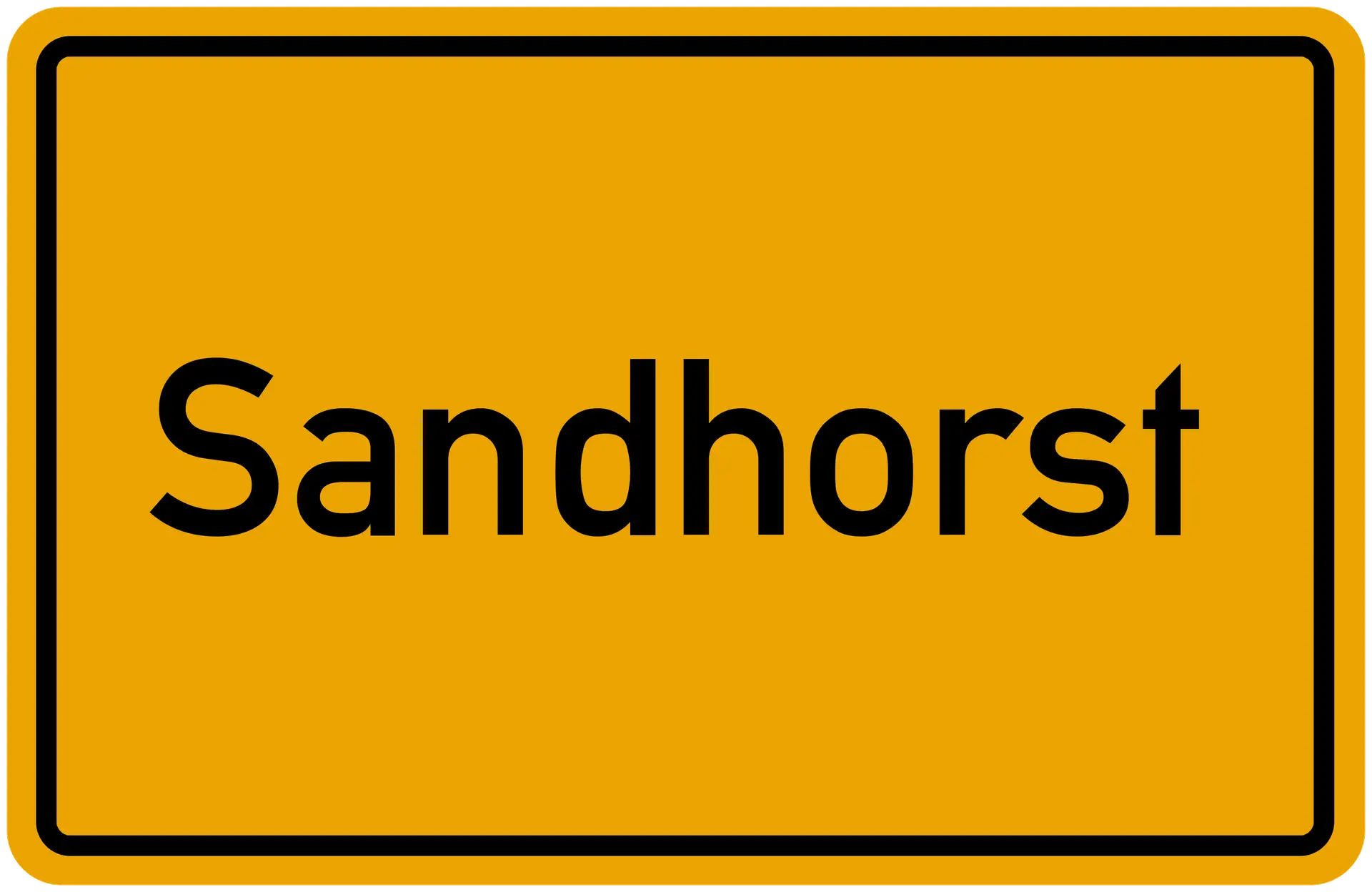Orangenes Ortsschild mit der Aufschrift Sandhorst.